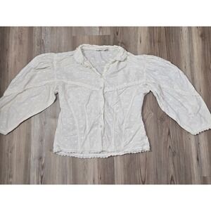 Blossoms‎ White Cotton Embroidered Eyelet Lace 3/4 Puff Sleeve Blouse Womens M